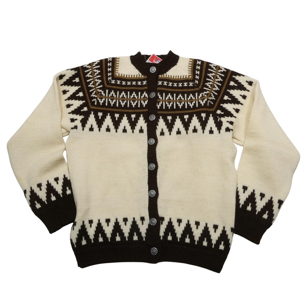 Viking Knit Sweater Womens‎ Small Brown Cream Norwegian Wool Cardigan Nordic